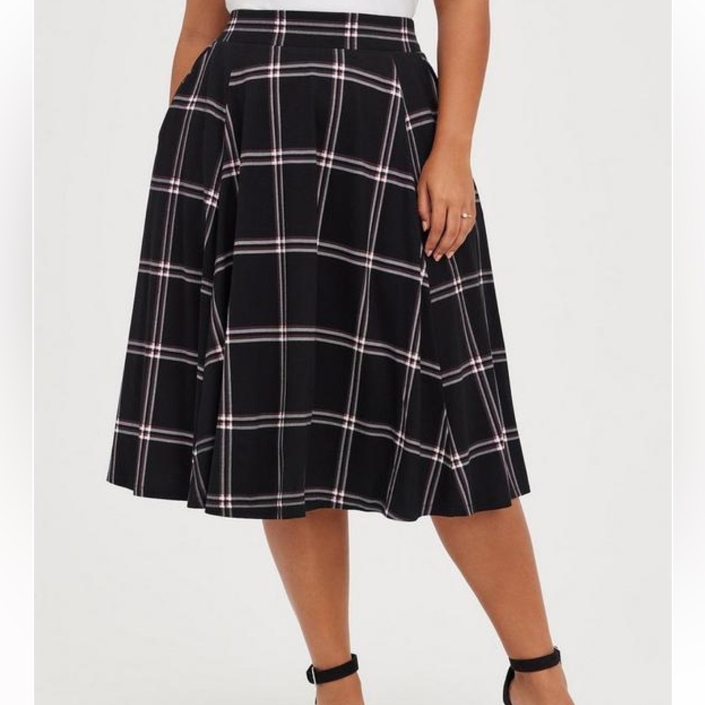 Torrid Black Plum Plaid Midi Studio Luxe Ponte Skirt w pockets - discontinued
